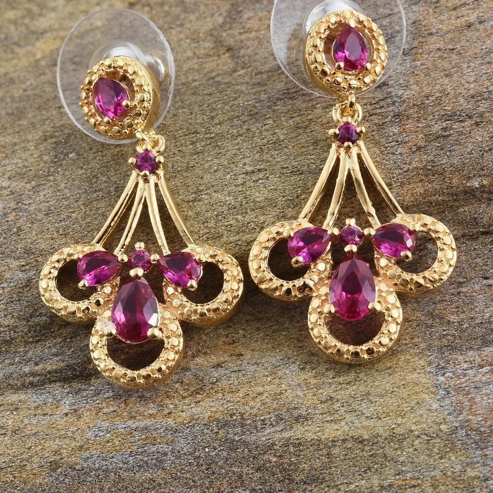 Simulated Ruby ION Plated 18K YG Brass Dangle Earrings TGW 2.02 cts.